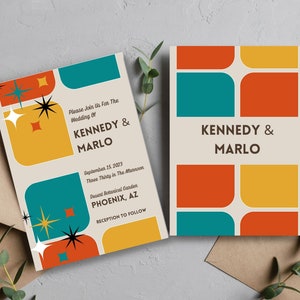 May include: Two wedding invitations with a retro design. The invitations feature the names "KENNEDY & MARLO" in bold text. One invitation includes the date, time, and location. The design incorporates teal, orange, yellow, and starburst shapes on a cream background.