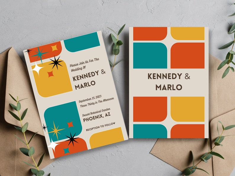 May include: Two wedding invitations with a retro design. The invitations feature the names "KENNEDY & MARLO" in bold text. One invitation includes the date, time, and location. The design incorporates teal, orange, yellow, and starburst shapes on a cream background.