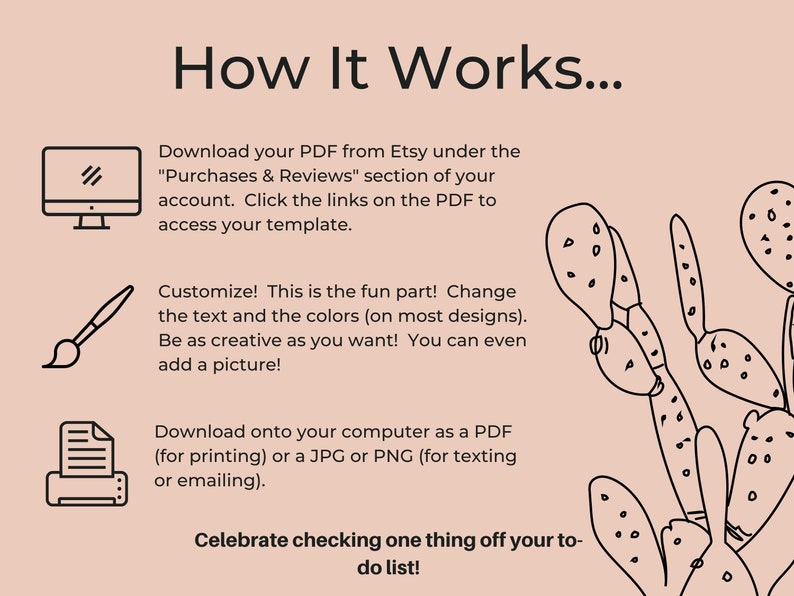 Puede incluir: Gr&aacute;fico color melocot&oacute;n con el texto "How It Works..." e instrucciones para descargar y personalizar una plantilla PDF de Etsy. Incluye ilustraciones de una computadora, un pincel y una impresora. El texto fomenta la creatividad y la celebraci&oacute;n de tareas completadas.