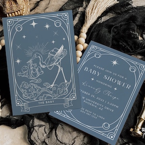 Plantilla de invitación para baby shower con cartas del tarot / Invitación para baby shower azul, baby shower celestial, Halloween, imprimible y personalizable, Tarot 1