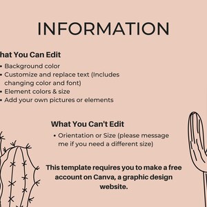Puede incluir: Plantilla de dise&ntilde;o gr&aacute;fico digital con el t&iacute;tulo "INFORMATION" sobre un fondo melocot&oacute;n claro. El texto detalla las funciones editables como el color de fondo y la personalizaci&oacute;n del texto. Ilustraciones de cactus enmarcan el texto, promocionando una cuenta gratuita de Canva.