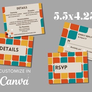 May include: Set of retro-style wedding invitation cards, featuring a geometric pattern in orange, teal, and yellow. The cards include details, RSVP, and reply sections, with dimensions of 5.5 x 4.25 inches.