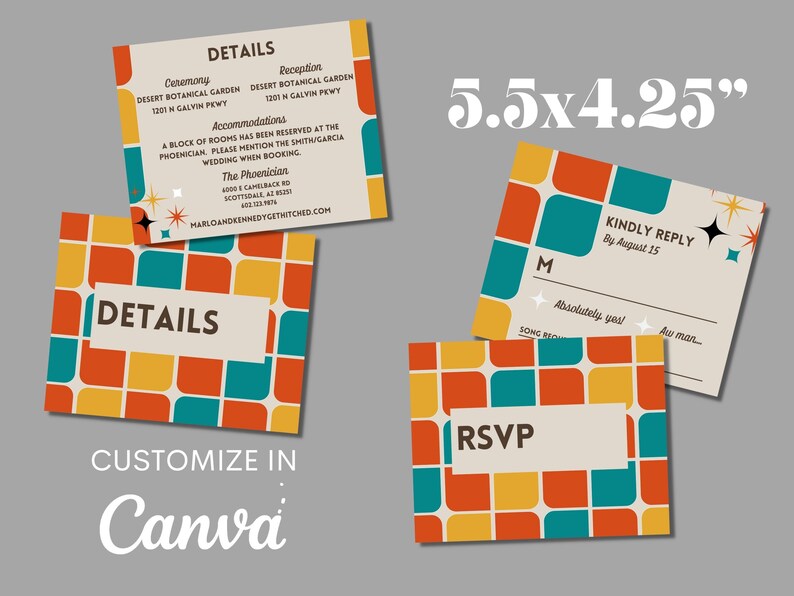 May include: Set of retro-style wedding invitation cards, featuring a geometric pattern in orange, teal, and yellow. The cards include details, RSVP, and reply sections, with dimensions of 5.5 x 4.25 inches.