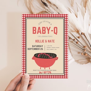 Baby-Q Shower Invitation Template | Baby Shower BBQ Invite, Baby Shower Invitation, Co-ed Baby Shower, Couples Baby Shower, Picnic , Gingham