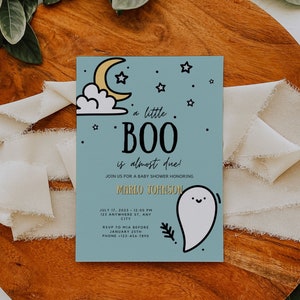A Little Boo Is Almost Due Baby Shower Invitation Template | Halloween Baby Shower, Blue, Baby Sprinkle, Cute Ghost Invitation