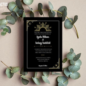 Suite de invitación de boda, Art Déco, elegante y retro, invitación de boda, confirmación de asistencia, tarjeta de detalles, editable, imprimible, Agatha