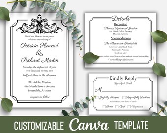 Customizable Wedding Invitation Template Suite Set with simple, elegant design