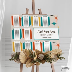 Retro Seating Chart Template | Up To 10 Tables, Vintage Style, Midcentury Modern, Wedding Seating Chart, Download, 60s, 70s, Editable DIY