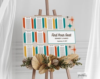 Retro Seating Chart Template | Up To 10 Tables, Vintage Style, Midcentury Modern, Wedding Seating Chart, Download, 60s, 70s, Editable DIY