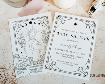 Mother To Be Tarot Card Baby Shower Invitation Template |  Celestial Baby Shower, Halloween, Witchy, Gothic, Printable and Customizable, 1