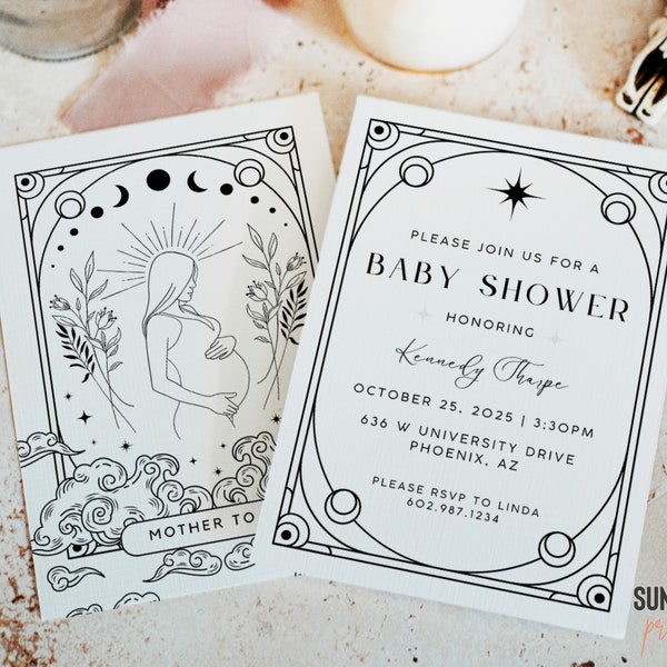 Madre a ser Tarot Tarjeta Baby Shower Invitación Plantilla / Baby Shower Celestial, Halloween, Brujería, Gótica, Imprimible y Personalizable, 1