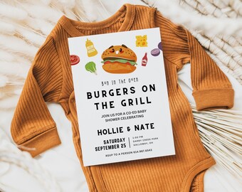 Bun In The Oven Burgers On The Grill Baby Shower Invite Template | Baby Q Baby Shower, Couples Baby Shower, Coed Baby Shower Barbecue