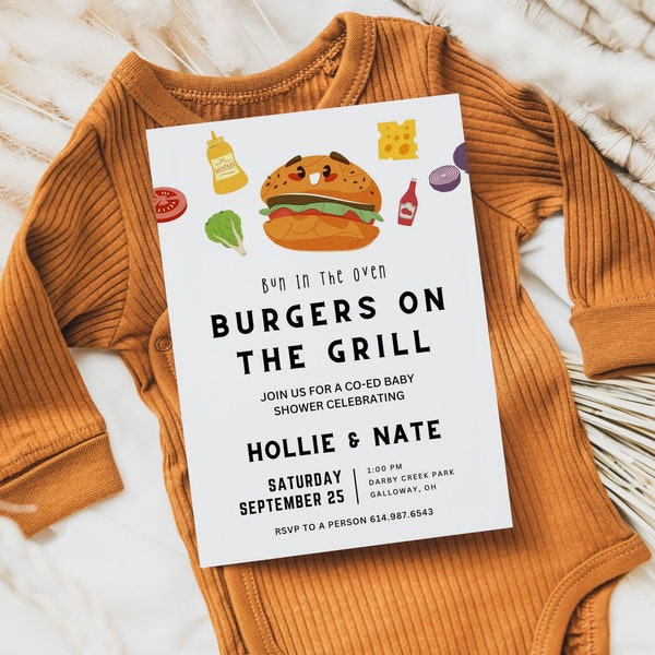 Bun In The Oven Burgers On The Grill Baby Shower Invite Template | Baby Q Baby Shower, Couples Baby Shower, Coed Baby Shower Barbecue