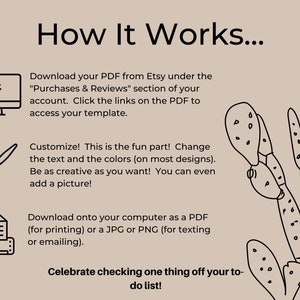 May include: Beige graphic with the text "How It Works..." and instructions for downloading and customizing a PDF template. Includes icons of a computer, paintbrush, and printer, plus a cactus illustration.