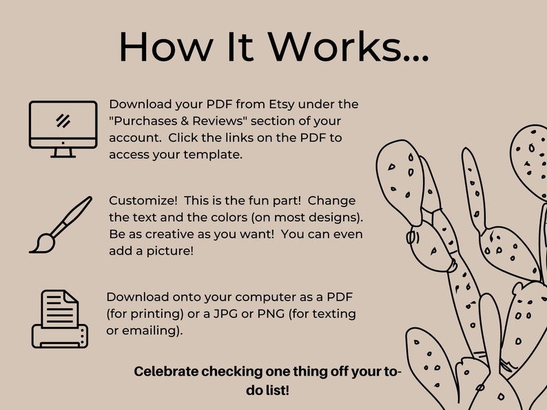 May include: Beige graphic with the text "How It Works..." and instructions for downloading and customizing a PDF template. Includes icons of a computer, paintbrush, and printer, plus a cactus illustration.