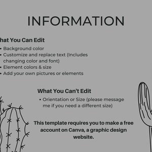 May include: A gray graphic with the word "INFORMATION" at the top. The text details what can and cannot be edited in a template, including background color, text, and element size. Outlined cacti are on the right and left.