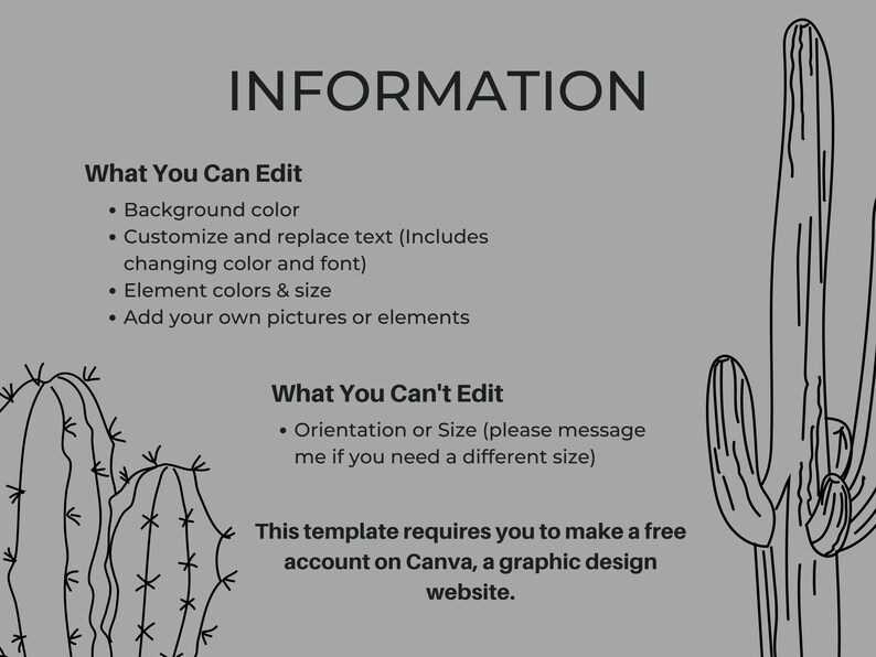 May include: A gray graphic with the word "INFORMATION" at the top. The text details what can and cannot be edited in a template, including background color, text, and element size. Outlined cacti are on the right and left.