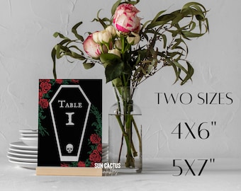 May include: A black table number card with a coffin shape, the word "Table I", and a skull graphic. Red roses and green vines frame the coffin. The text "TWO SIZES" and the sizes "4X6" and "5X7" are also visible.