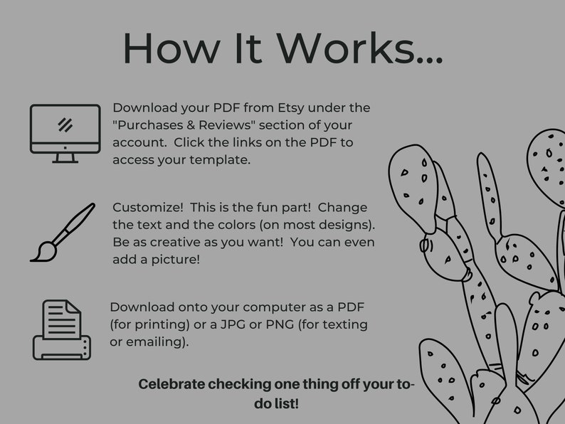 May include: A gray graphic with the text "How It Works..." and instructions for downloading and customizing a PDF template. Includes illustrations of a computer monitor, paintbrush, and printer, with a cactus outline in the background.