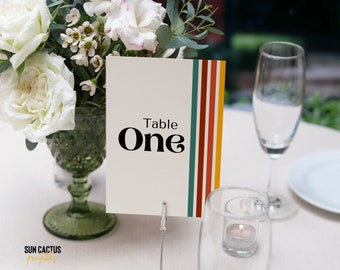 Plantilla de Números de Mesa Retro Imprimible, Números de Mesa Únicos y Divertidos para tu Boda o Fiesta, Rayas Retro