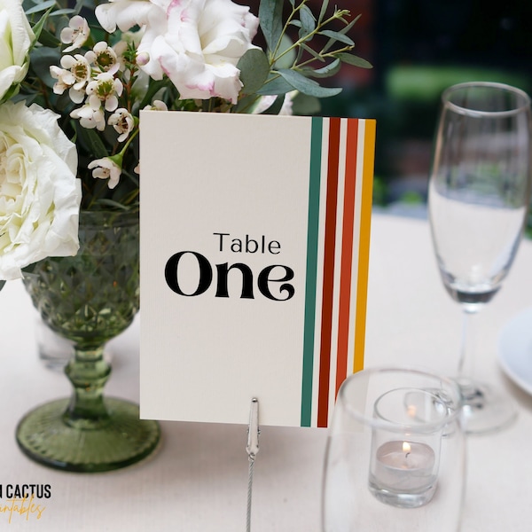 Printable Retro Table Numbers Template, Unique and Fun Table Numbers for your Wedding or Party, Retro Stripes