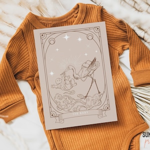 Plantilla de invitación para baby shower con cartas del tarot / Invitación para baby shower neutral, baby shower celestial, Halloween, imprimible y personalizable, beige