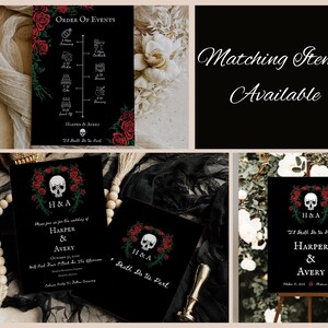 Puede incluir: Juego de papeler&iacute;a de boda negro con dise&ntilde;o de calavera y rosas rojas. Incluye una tarjeta de orden de eventos, invitaci&oacute;n y letrero de bienvenida. El texto incluye "Harper & Avery" y "Death Do Us Part."