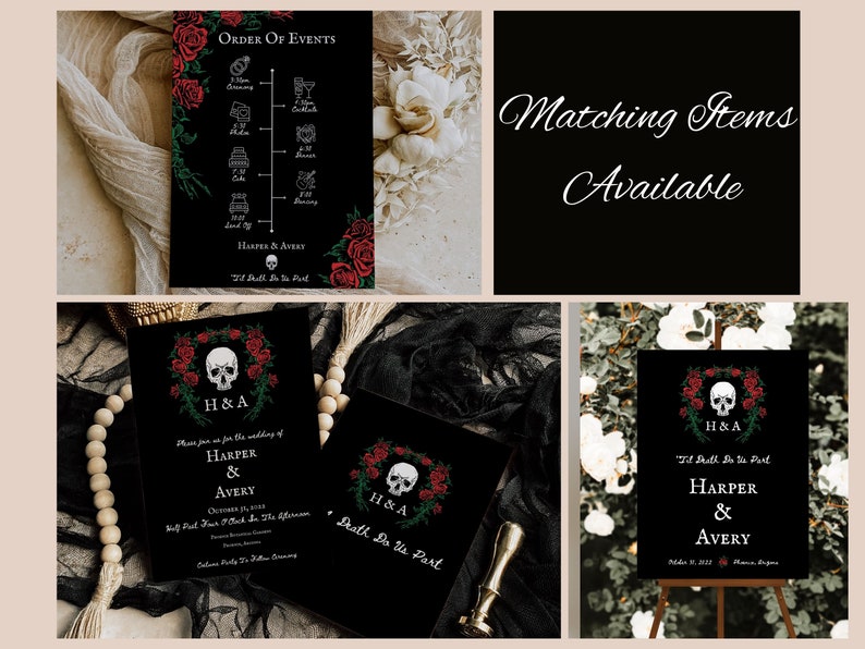 Puede incluir: Juego de papeler&iacute;a de boda negro con dise&ntilde;o de calavera y rosas rojas. Incluye una tarjeta de orden de eventos, invitaci&oacute;n y letrero de bienvenida. El texto incluye "Harper & Avery" y "Death Do Us Part."