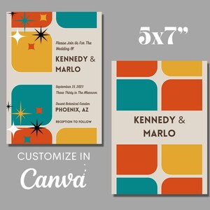 May include: Two 5x7 inch wedding invitations with a retro design. The invitations feature the names KENNEDY & MARLO, date, time, and location. The design includes geometric shapes in teal, orange, and yellow with starburst accents.