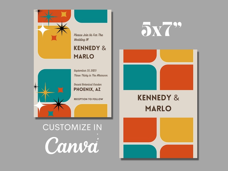 May include: Two 5x7 inch wedding invitations with a retro design. The invitations feature the names KENNEDY & MARLO, date, time, and location. The design includes geometric shapes in teal, orange, and yellow with starburst accents.