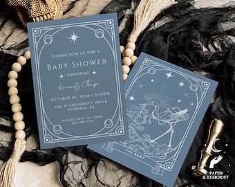 May include: Two blue baby shower invitations with white art deco style designs. One invitation has event details, the other has a stork carrying a baby. The text on the invitation reads "Baby Shower".