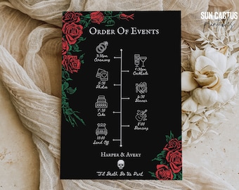 Plantilla de cronología de bodas / Orden de eventos elegantemente gótico, boda de Halloween, Hasta que la muerte nos separe, boda gótica, boda de esqueletos