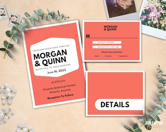Wedding Invitation Template set, Minimalist and Retro Coral, Customizable in Canva, RSVP and Details, Colorful Wedding Invitation, Morgan