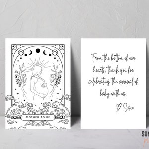 Szablon karty z podziękowaniami inspirowanej tarotem dla przyszłej matki | Podziękowania na baby shower, Celestial Baby Shower, Halloween, Gothic, Witchy Baby Shower, 1