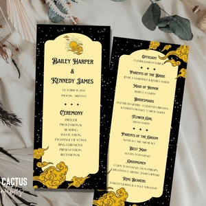 Puede incluir: Dos programas de ceremonia de boda con fondo negro y detalles dorados. Los programas presentan los nombres "Bailey Harper & Kennedy James" y detalles del evento. El diseño incluye nubes decorativas y el texto "Sun Cactus Printables."