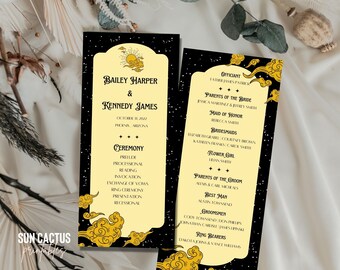 May include: Two wedding ceremony programs with a black background and gold accents. The programs feature the names "Bailey Harper & Kennedy James" and event details. The design includes decorative clouds and the text "Sun Cactus Printables."