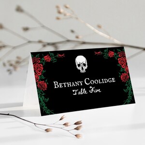 Place Card Template | Gothic, Halloween Wedding Name Card Template, Red Roses and Skull, Escort Card, Skeleton, Reception Card