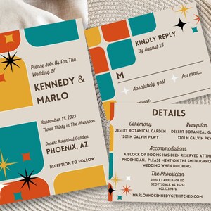 May include: Wedding invitation suite with a retro design. The invitation features the names KENNEDY & MARLO, date, time, and location. Reply card and details card included. Colors: teal, orange, yellow, and beige.