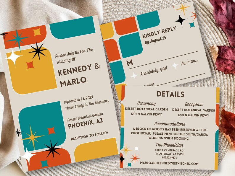 May include: Wedding invitation suite with a retro design. The invitation features the names KENNEDY & MARLO, date, time, and location. Reply card and details card included. Colors: teal, orange, yellow, and beige.