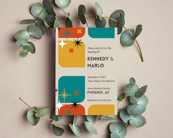 Retro Wedding Invitation Template | Vintage Style, MidCentury Modern, Invite Set, Instant Download & Print at Home