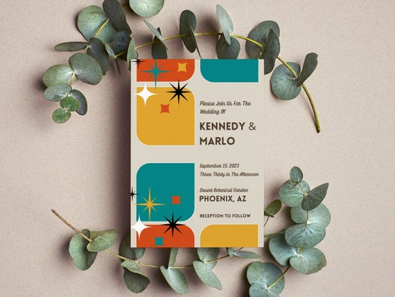 Retro Wedding Invitation Template | Vintage Style, MidCentury Modern, Invite Set, Instant Download & Print at Home