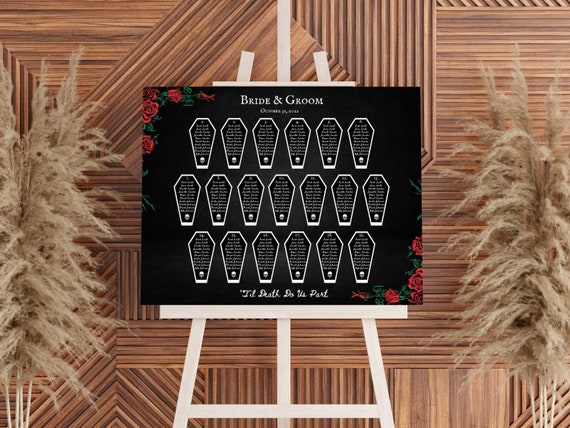 Coffin Seating Chart Template | Halloween Wedding Seating Chart with Skeleton and Red Roses, Gothic Wedding, Spooky Wedding, Seating Sign