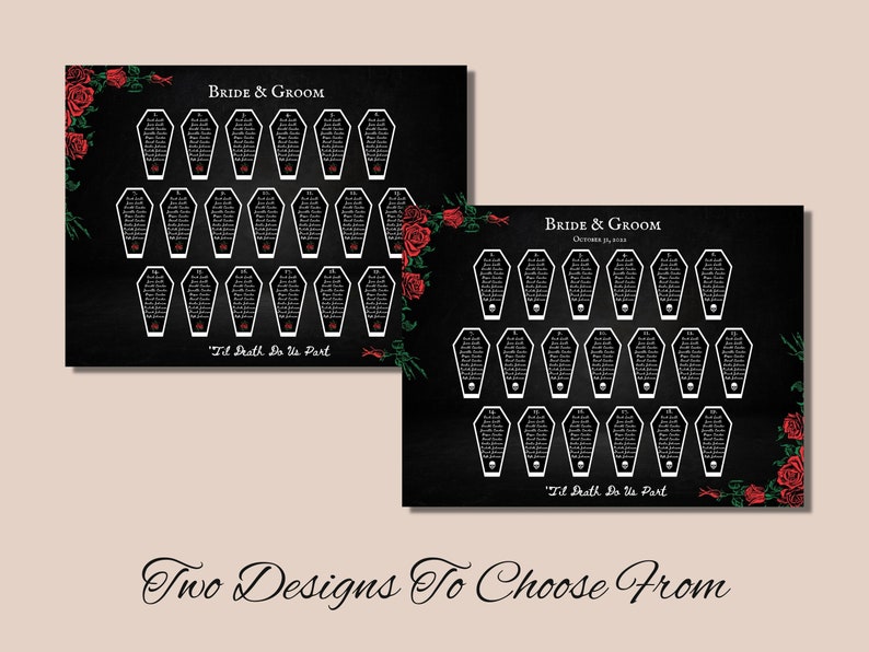 Puede incluir: Dos dise&ntilde;os de planos de mesa de boda negros con asignaciones de mesa en forma de ata&uacute;d. Los gr&aacute;ficos presentan rosas rojas y la frase "Bride & Groom" en la parte superior. El texto "'Til Death Do Us Part" est&aacute; en la parte inferior. La imagen tambi&eacute;n incluye el texto "Two Designs To Choose From".