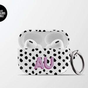 Black Spots Monogram AirPods Case | Hard Plastic Cheetah Dalmatian Black Polka Dot Airpods Pro Case with Carabiner Keychain