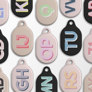 Gepersonaliseerde AirTag-hoesje met grote initialen | Monogram hard plastic beschermende aangepaste Apple AirTag-hoes met karabijnhaak sleutelhanger | AT02