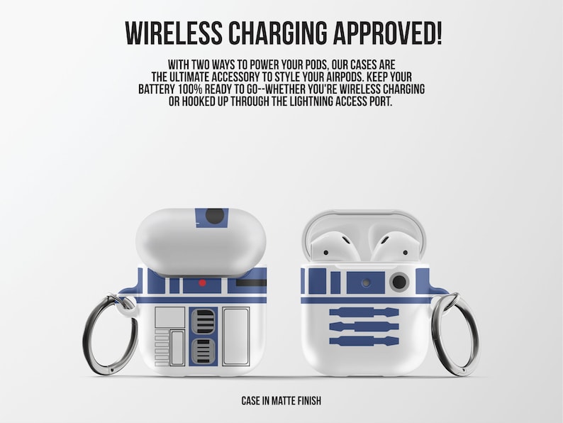 May include: White and blue AirPod cases with a design. One case is closed, and the other is open, revealing white earbuds. The cases have a silver keyring and the text "WIRELESS CHARGING APPROVED!" is at the top.