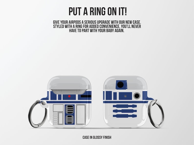 May include: Two white and blue AirPod cases with a glossy finish, featuring a design reminiscent of a popular droid character. Each case has a silver ring for attachment. Text on the image reads "PUT A RING ON IT!" and "CASE IN GLOSSY FINISH."