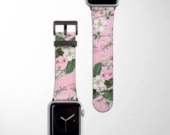 CHINA ROZEN Apple Watch-bandje | Bloemen veganistisch lederen horlogebandje 38 mm 40 mm 42 mm 44 mm