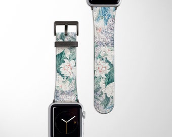 Blauw Iris Apple Watch-bandje | Bloemen veganistisch lederen horlogebandje 38 mm 40 mm 42 mm 44 mm