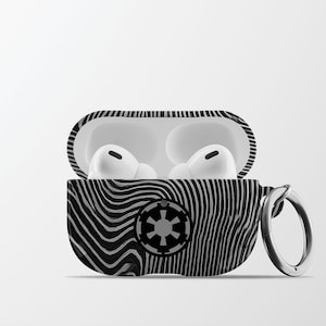 May include: Open AirPods Pro case with a black and white wavy pattern and a silver ring. The case contains two white AirPods. The case features a black and white Imperial symbol.